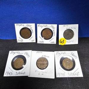 lot 63 image: (3) England 12 Pennies, and (3) English 3 Pence(Brass)