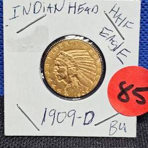 lot 85 image: 1909-D $5 Indian Head Half Eagle Gold Coin BU