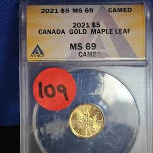 lot 109 image: 2021 Canada Gold Maple Leaf Cameo, MS 69 (110th oz)