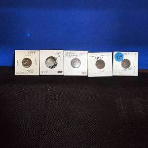 lot 129 image: (5) Indian Head Cents,1889-1899