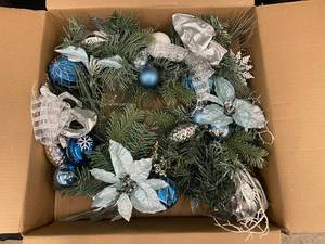 lot 70 image: Blue and Silver Holiday Wreath with Ornaments