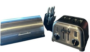 lot 81 image: Pretty Silver Tone Kitchen Helpers including Breadbox, Toaster and Knife and Block Set