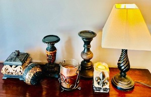 lot 57 image: One Stop Home Decor Stop Candle Pedestals, Trinket Box, Small Lamp and More