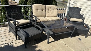 Patio Sofa, Chairs, Ottomans and Table