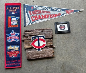 lot 164 image: Minnesota Twins Baseball Pennants, Framed Decor and Wooden Plaque