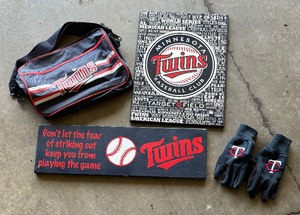 lot 168 image: Minnesota Twins Baseball Wall Decor, Gloves and Tote