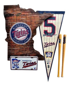 lot 150 image: Vintage Twins Memorable including Wooden Minnesota Twins, Miniature Bats, License Plate and Banner