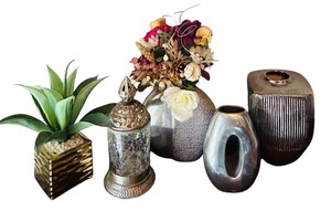 lot 45 image: Shiney Home Decor including Vases, Faux Plant and Lidded Vessel