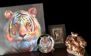 lot 43 image: Beautiful Vibrant Tiger Decor including Large Colorful Canvas Print, Cookie Jar and More