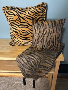 lot 252 image: Tiger Print Accent Pillows and Table Runner