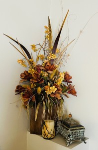 lot 94 image: Pretty Home Decor including Metal Vase with Faux Florals, Decorative Candle and Trinket Box