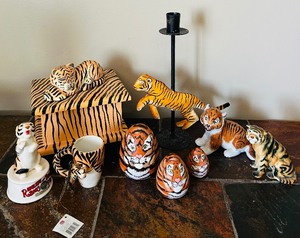 lot 292 image: Outstanding Lot of Tiger Collectables Including Carved Wood Trinket Box, Candle Holder, Ringling Bros. and Barnum & Bailey Circus Ceramic Tiger Figurine and More
