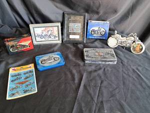 lot 63 image: Harley Davidson lot (3 Tins of playing cards, stickers, Dominos, 2 pictures, 1 picture frame (Non HD)