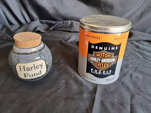 lot 67 image: Harley Davidson 500 pc puzzle & Harley Fund Ceramic Jar