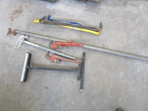 lot 348 image: Pipe Clamp & Wrenches, Conduit Bender, Pry Bars