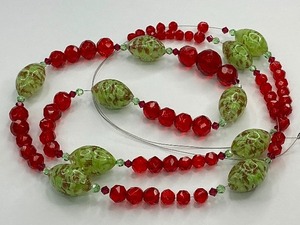 Venetian Murano Green & Gold Foil Lampwork with Red Glass Bead Strand