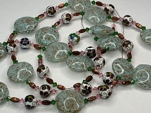 Venetian Murano Aqua Blue & Gold Foil Lampwork with Cloisonne Enamel Bead Strand