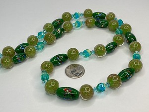 lot 33 image: Venetian Murano Green & Gold Glass Lampwork, Green Foil and Blue Glass Bead Strand