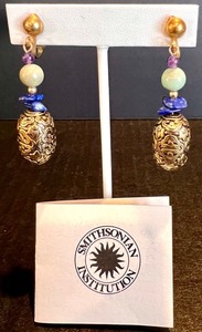 lot 13 image: Smithsonian Clip-On Earrings with Gemstone and Metal Bead Design