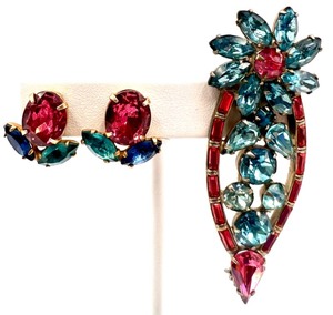 Vintage Coro Set of Pink & Blue Rhinestone Clip-On Earrings with Brooch