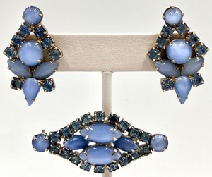 Vintage Blue Moonglow Rhinestone Earrings and Brooch Set