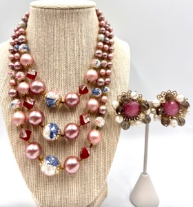 lot 52 image: Vintage Japanese Jewelry Set with Pink and Pearl Beaded Necklace and Earrings