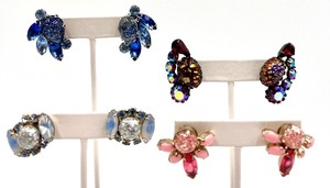 lot 55 image: Set of 4 Vintage Statement Clip-On Earrings with Multicolor Rhinestones