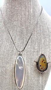lot 57 image: Set of Sterling Silver Mother-of-Pearl Pendant and Sterling Silver Artist Signed Brooch