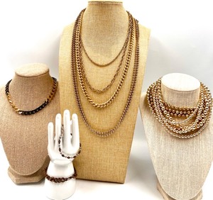 lot 62 image: Collection of Gold Tone Fashion Jeweler including 6 Necklaces and 2 Bracelets Featuring Japan Double Strand Necklace