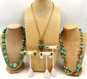 lot 85 image: Collection of Owl-Themed Necklace with Green Gemstones, Earrings and Other Green Style Jewelry Including Japan & Castlecliff Pieces