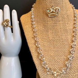 lot 90 image: Vintage Crystal Gold Filled Stamped Necklace, Crown Brooch, and Ring Jewelry Set