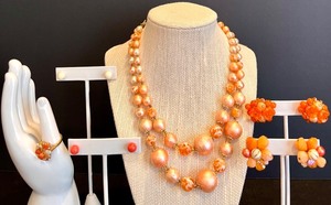 lot 96 image: Orange Bead Vintage Necklace, Clip and Pierced Earrings withRing Set from Japan and Germany