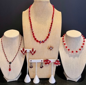 lot 100 image: Set of Vintage Red and Clear Crystal and Rhinestone Jewelry Including Brooches and Necklaces