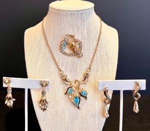 lot 107 image: Vintage Coro Blue and Clear Rhinestone Necklace and 12K Stamped Coronating Brooch with Coro and Sperry Paris of Earrings