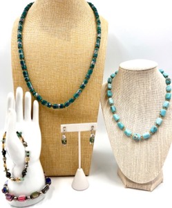 lot 116 image: Set of 5 Handmade Glass Jewelry Pieces - Necklaces, Bracelets and Earrings Featuring a Handmade in Greece Necklace with Tag