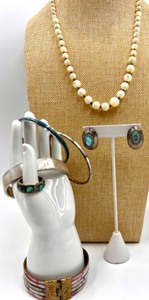 lot 119 image: Collection of White Beaded Necklace, Sterling Silver Earrings, 4 Bracelets and Abalone-Inlaid and Shell Jewelry