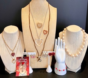 lot 124 image: Jewelry Collection with Heart Pendant Necklaces and Pearl Necklace, Bracelet and Pins Featuring Marvel