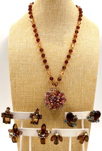 lot 126 image: Vintage Western Germany Beaded Necklace and 4 Pairs of Amber and Blue Toned Rhinestone Earring Set
