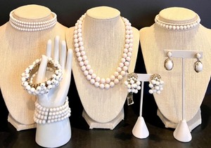 lot 138 image: Hand Knotted White Bead Jewelry Set with 2 Pairs of Earrings, 3 Necklaces and 2 Bracelets. Featuring Zayre, Japan and Castlecliff Pieces