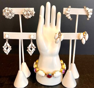 lot 148 image: Set of Vintage White Stone and Crystal 4 Pairs of Earrings with Matching Bracelet Featuring Vogue & Weiss Brand