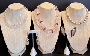 lot 149 image: Vintage Jewelry Set with Clip-On Leru Earrings, Dangle Stone Earrings and 3 Beaded Necklaces