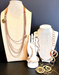 lot 152 image: Set of Fashion Necklaces with Leopard Heart Charm, An Interlocking Rings Necklace by Daisy Fuentes with Coordinating Bracelets