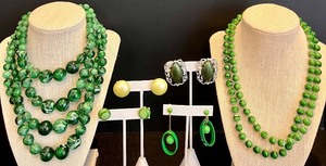 lot 157 image: Vintage Set of Green Bead Clip-On Earrings, and Necklaces Featuring Sarah Coventry & Hong Kong Pieces