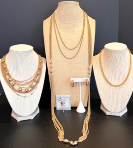 lot 173 image: Elegant Set of 4 Gold Tone Necklaces with Varied Chain Styles, A Pair of Bergere Earrings and Ear Cuff