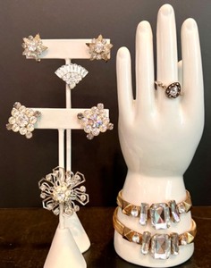 lot 182 image: Collection of Vintage Rhinestone Brooches, Bracelets and Clip-On Earrings and a Ring
