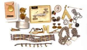 lot 213 image: Collection of Mens Cufflinks, Tie Clip and Personalized Jewelry