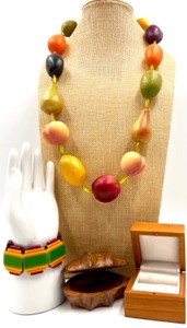 lot 215 image: Colorful Beaded Fruit Necklace and Acrylic Cuff Bracelet Set with 2 Wooden Jewelry Boxes