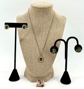 lot 254 image: Set of Jewelry with Emerald and Crystal Accents including Necklace, Earrings, and Pendant