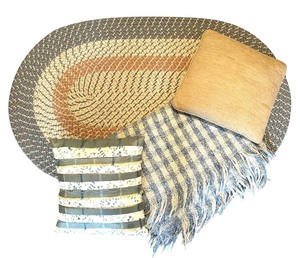lot 39 image: Oval Braided Rug, Two Decorative Pillows and Throw Blanket
