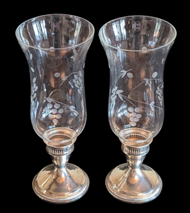 lot 27 image: Pair of Vintage Etched Glass and Weighted Sterling Silver Candleholders